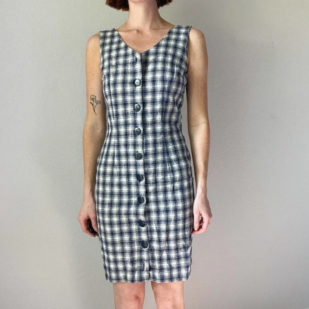Vintage 1990s Blue Plaid Button Up Sleeveless Fitted Mini Dress - Picture 3 of 5